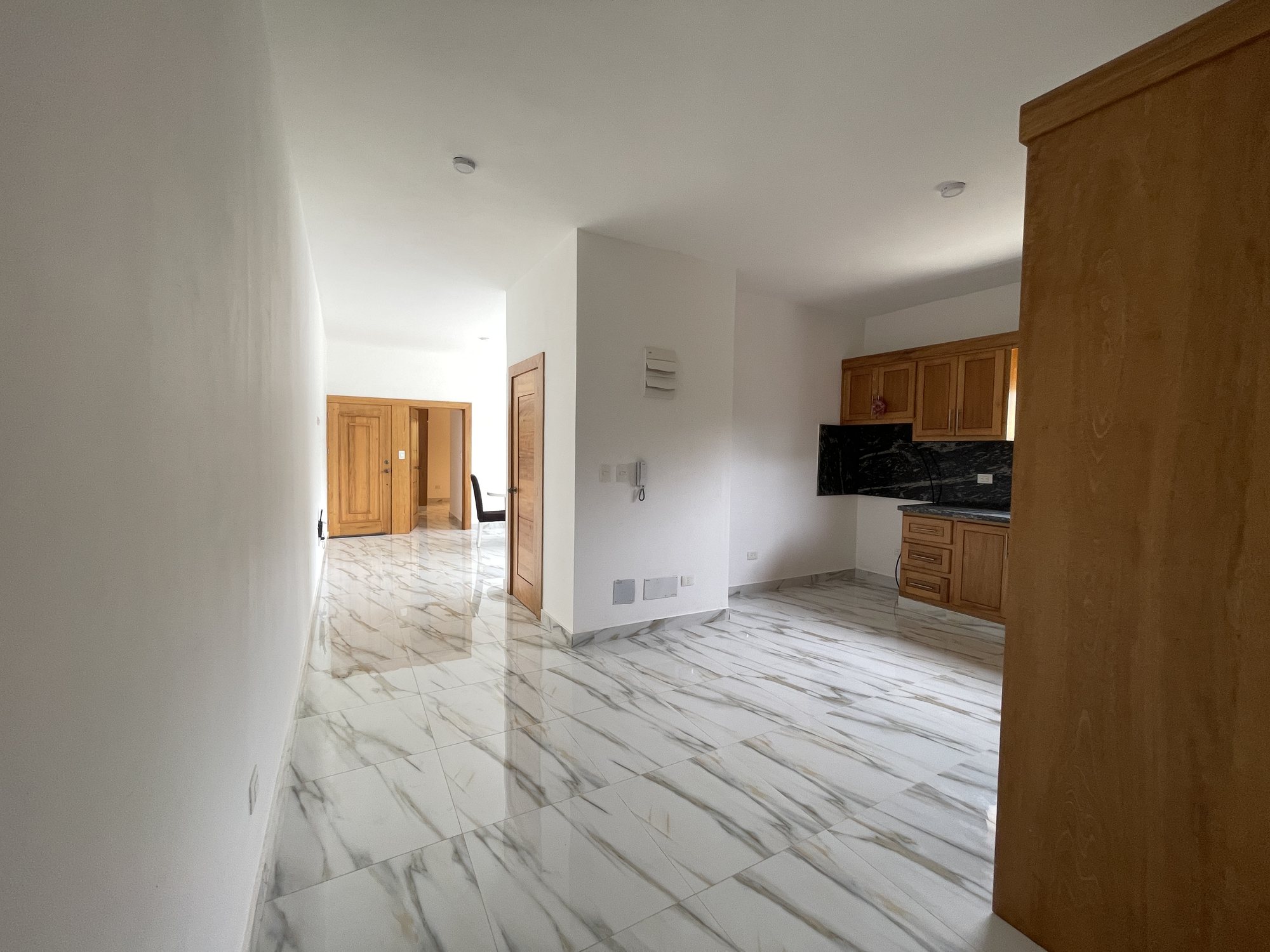Looking through the apartment towards the kitchen